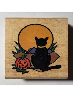 Canadian Maple Collection Wooden Rubber Stamp Halloween Black Cat Moon Pumpkin